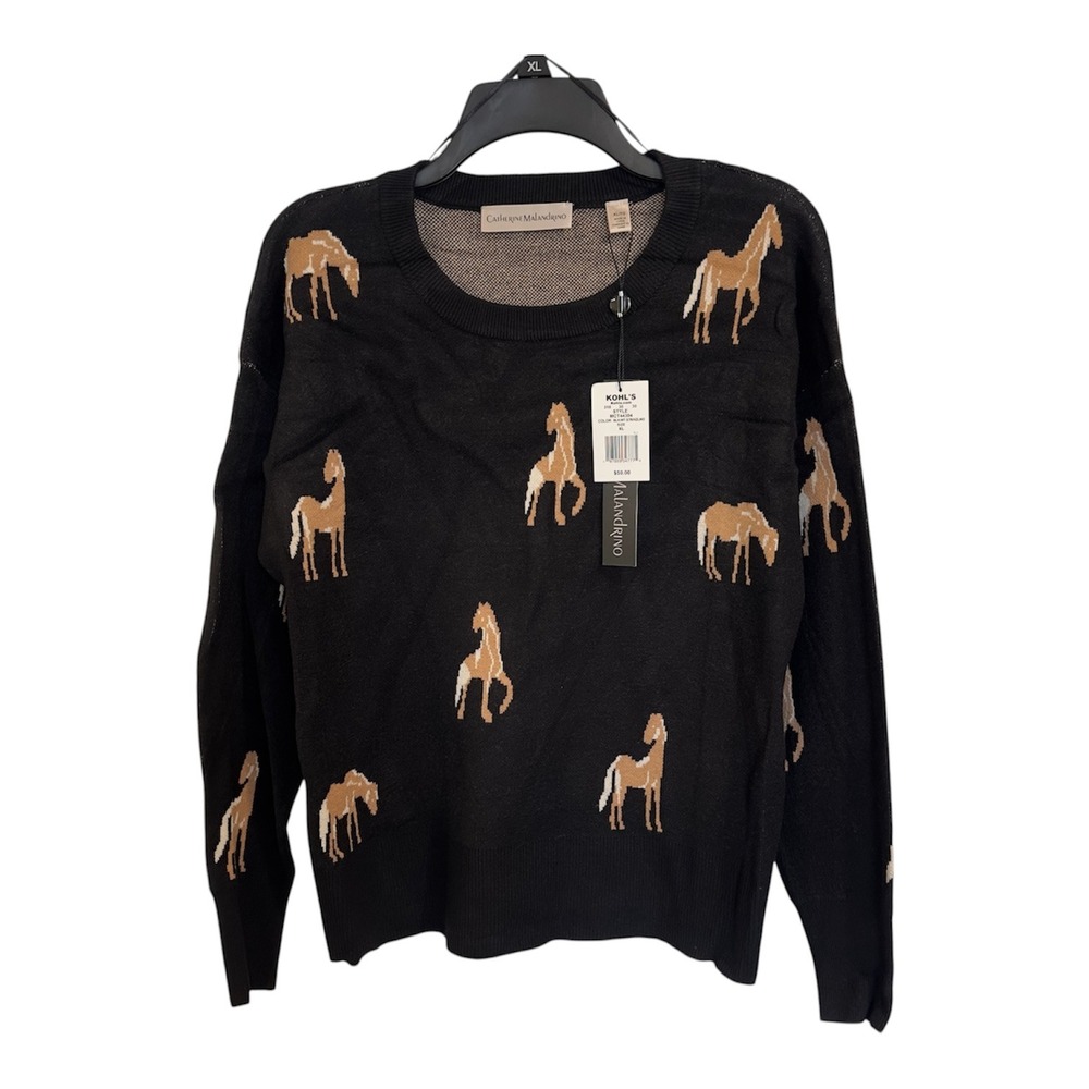 Catherine Malandrino Womens Horse Print Crewneck Sweater Black XL MCT44304 NWT